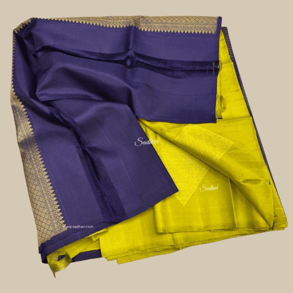 Light Green with Royal Blue Borderless Pure Kanchipuram Silk Saree - Image 4
