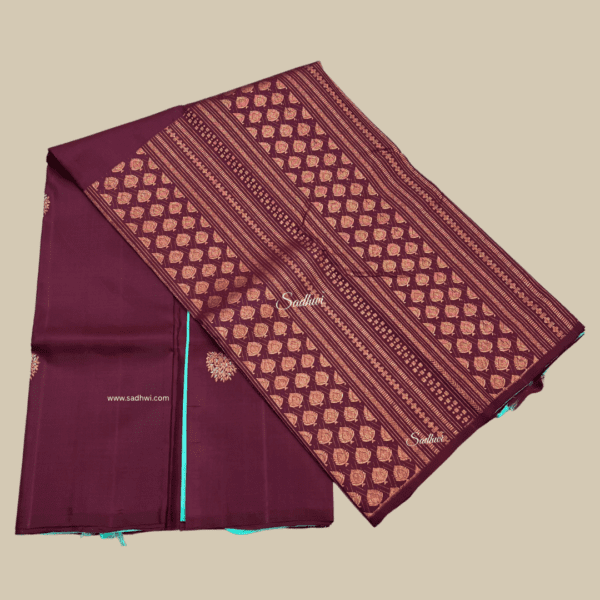 Deep Wine with Cyan Half & Half Pure Kanchipuram Silk Saree - Image 3