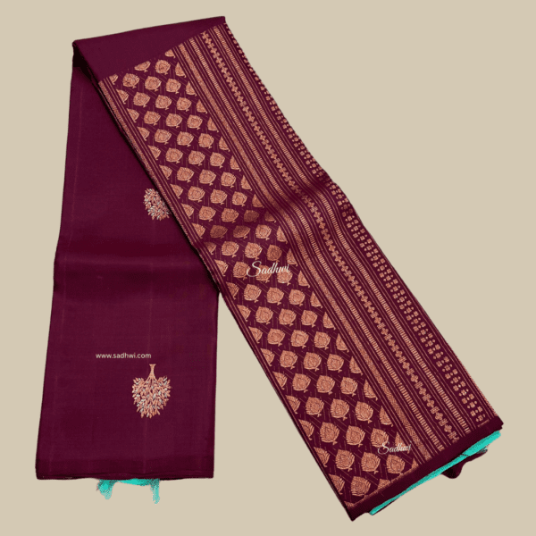 Deep Wine with Cyan Half & Half Pure Kanchipuram Silk Saree - Image 2