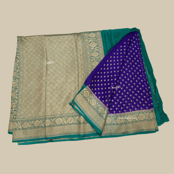Royal Blue with Green Pure Banarasi Crepe Silk Saree - Image 4