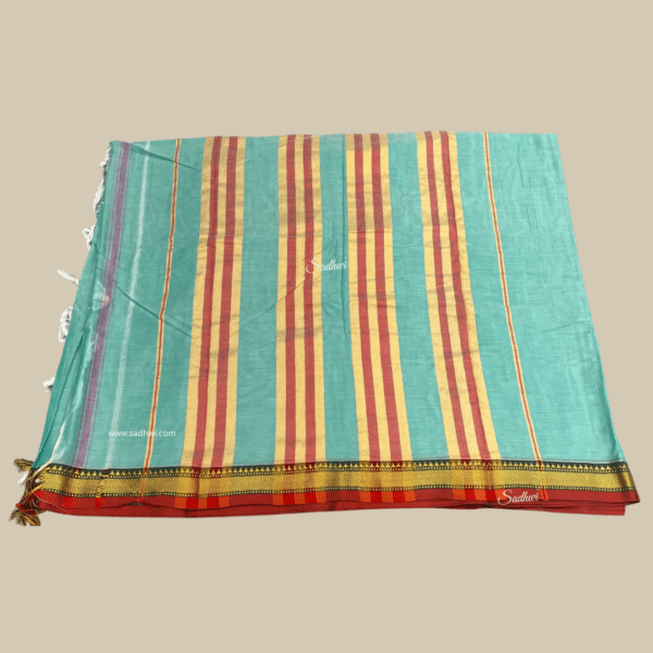Pastel Blue with Orangish Pink Kanchi Cotton Silk Saree - Image 4