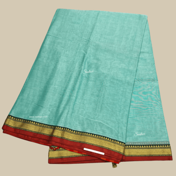 Pastel Blue with Orangish Pink Kanchi Cotton Silk Saree - Image 3