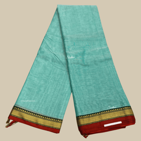 Pastel Blue with Orangish Pink Kanchi Cotton Silk Saree - Image 2
