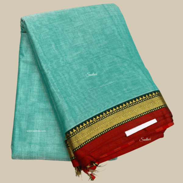 Pastel Blue with Orangish Pink Kanchi Cotton Silk Saree