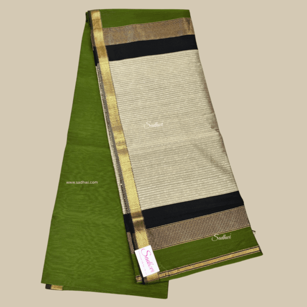 Green with Black Pure Maheshwari Cotton Silk Saree - Image 2