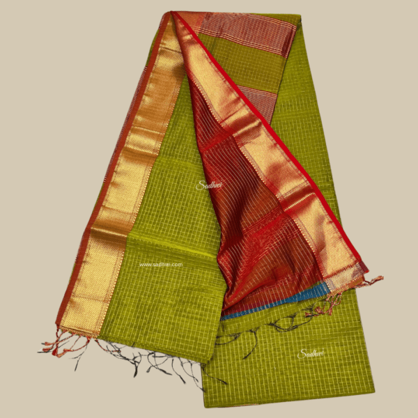 Green with Red Pure Maheshwari Cotton Silk Saree - Image 3