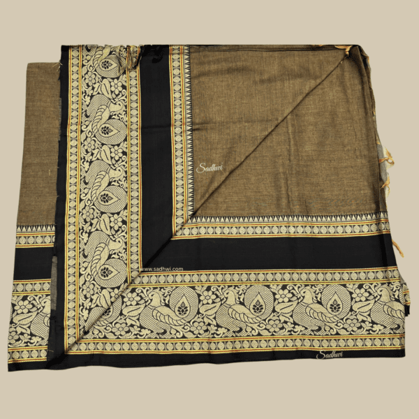 Deep Chiku with Black Kanchi Cotton Silk Saree - Image 5