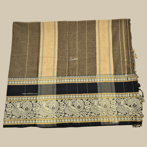 Deep Chiku with Black Kanchi Cotton Silk Saree - Image 4