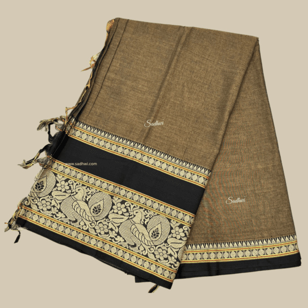 Deep Chiku with Black Kanchi Cotton Silk Saree - Image 3