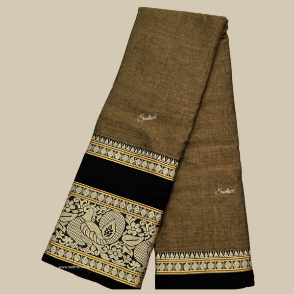 Deep Chiku with Black Kanchi Cotton Silk Saree - Image 2