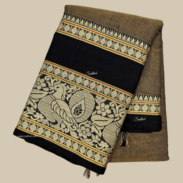 Deep Chiku with Black Kanchi Cotton Silk Saree