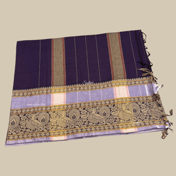 Royal Blue with Lavender Kanchi Cotton Silk Saree - Image 4