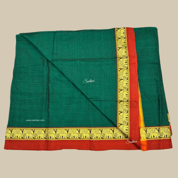 Green with Brick Red Kanchi Cotton Silk Saree - Image 5