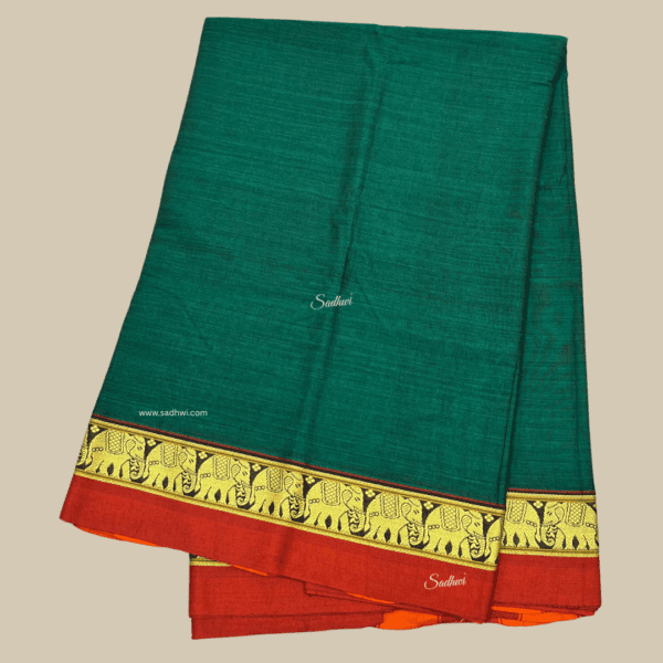 Green with Brick Red Kanchi Cotton Silk Saree - Image 3