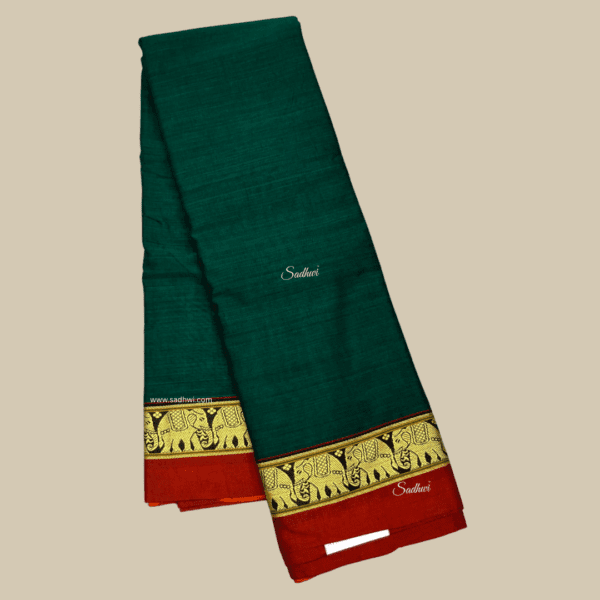 Green with Brick Red Kanchi Cotton Silk Saree - Image 2