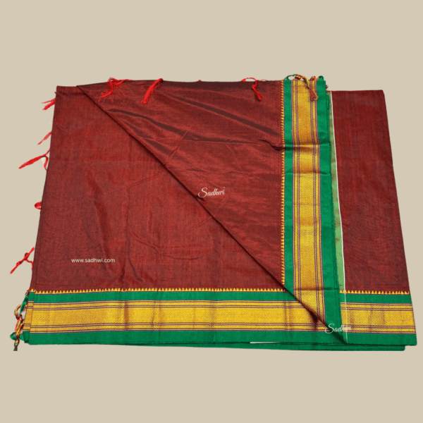 Brick Red with Green Kanchi Cotton Silk Saree - Image 5
