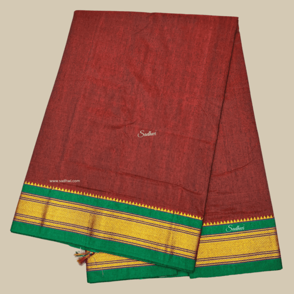 Brick Red with Green Kanchi Cotton Silk Saree - Image 3