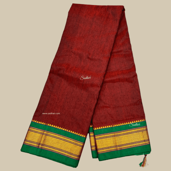 Brick Red with Green Kanchi Cotton Silk Saree - Image 2