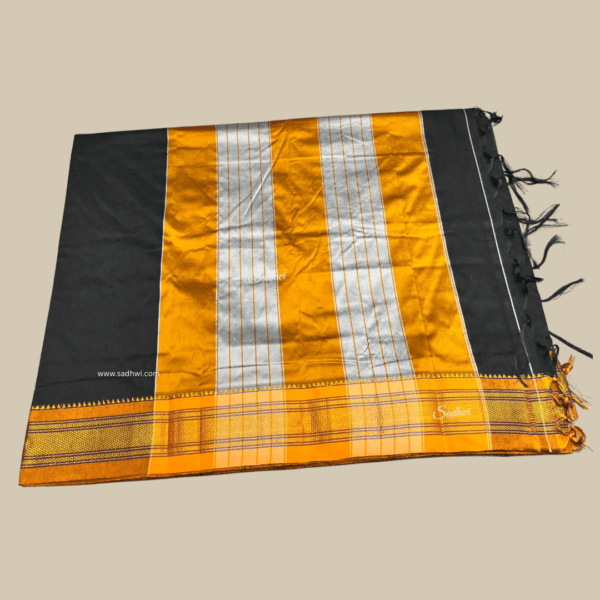Black with Mustard Kanchi Cotton Silk Saree - Image 4