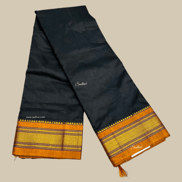 Black with Mustard Kanchi Cotton Silk Saree - Image 2