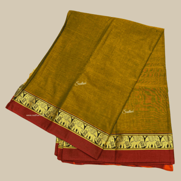 Green Elephant Border Kanchi Cotton Silk Saree - Image 5