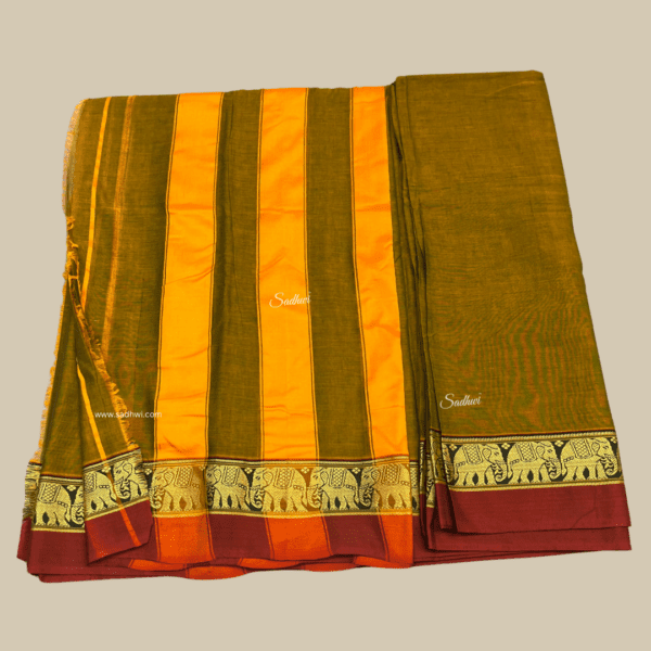 Green Elephant Border Kanchi Cotton Silk Saree - Image 4