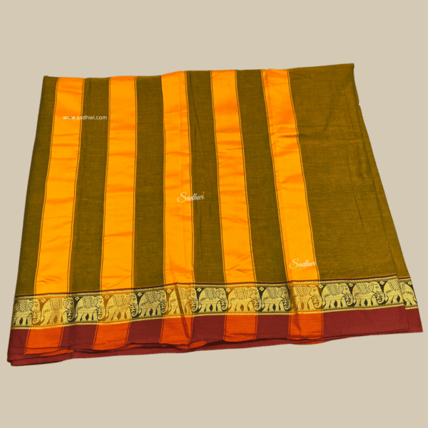 Green Elephant Border Kanchi Cotton Silk Saree - Image 3