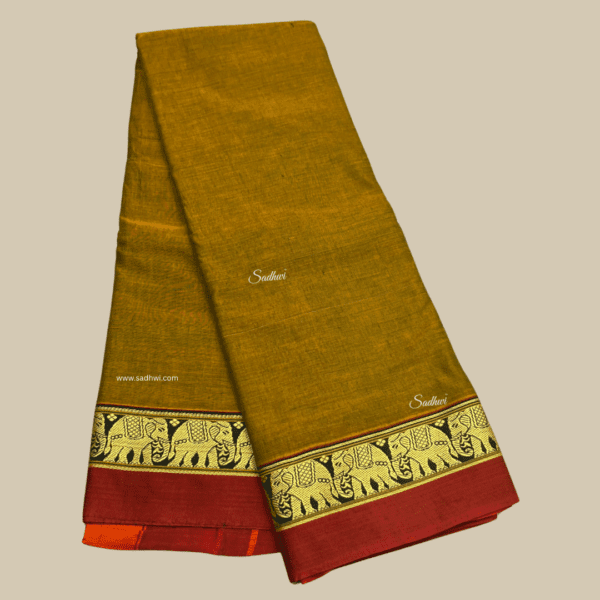Green Elephant Border Kanchi Cotton Silk Saree - Image 2