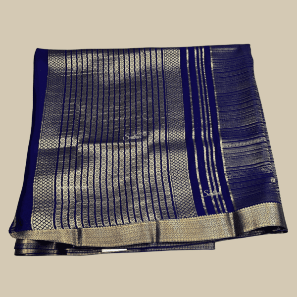 Royal Blue Pure Strips Brocade Mysore Silk Saree - Image 4