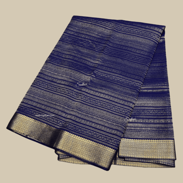 Royal Blue Pure Strips Brocade Mysore Silk Saree - Image 3