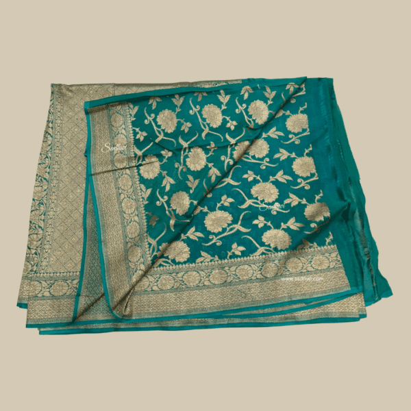 Royal Blue with Green Pure Banarasi Crepe Silk Saree - Image 5