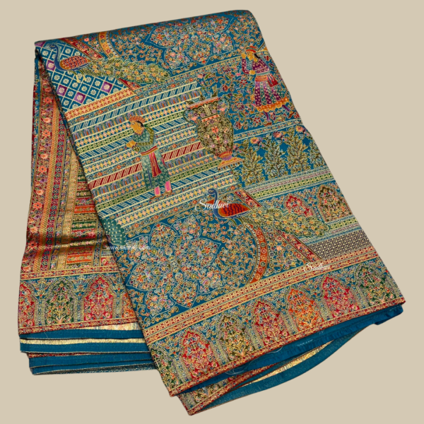 Blue Pashmina work Kashmiri Silk Saree - Image 2