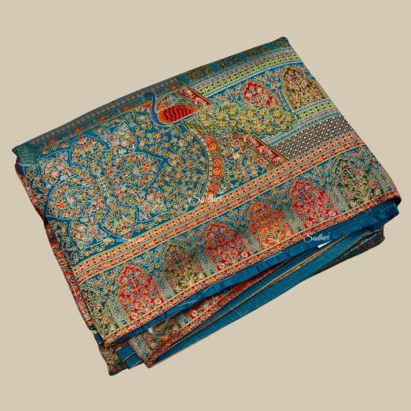 Blue Pashmina work Kashmiri Silk Saree