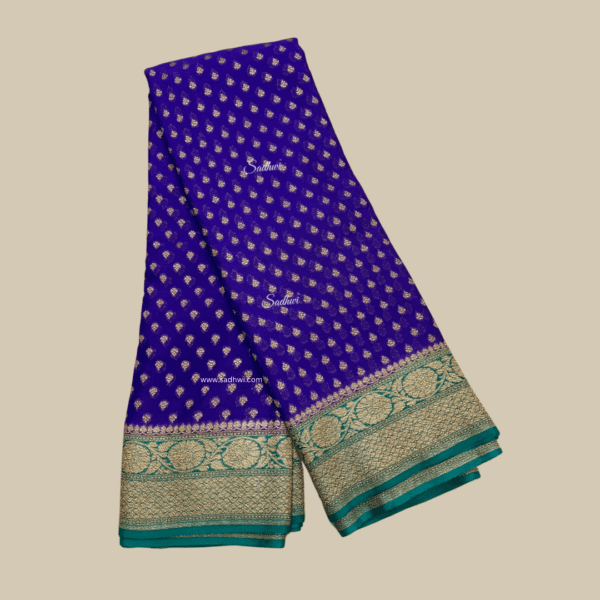 Royal Blue with Green Pure Banarasi Crepe Silk Saree - Image 2