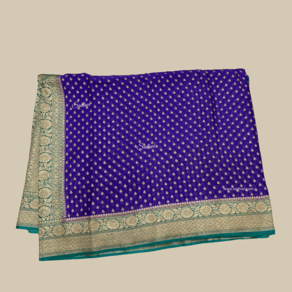 Royal Blue with Green Pure Banarasi Crepe Silk Saree - Image 3