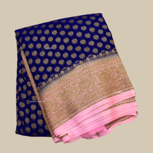 Navy Blue with Peach Pure Banarasi Silk Georgette