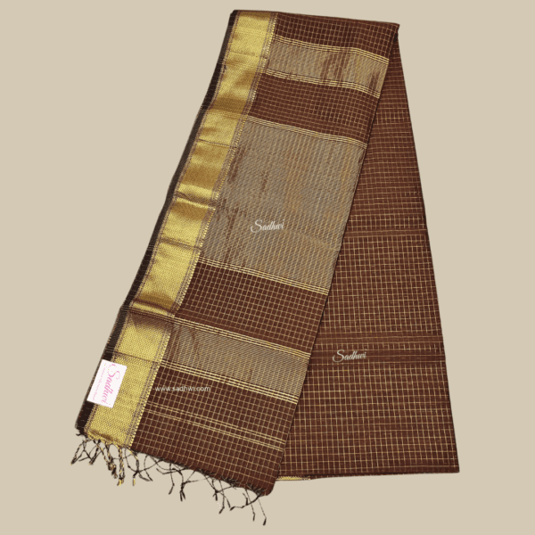 Brown Pure Maheshwari Cotton Silk Saree - Image 2