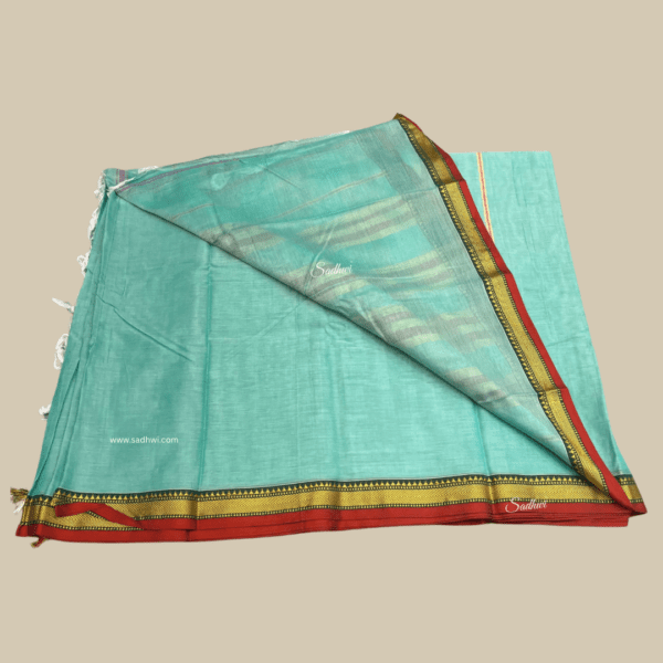 Pastel Blue with Orangish Pink Kanchi Cotton Silk Saree - Image 5